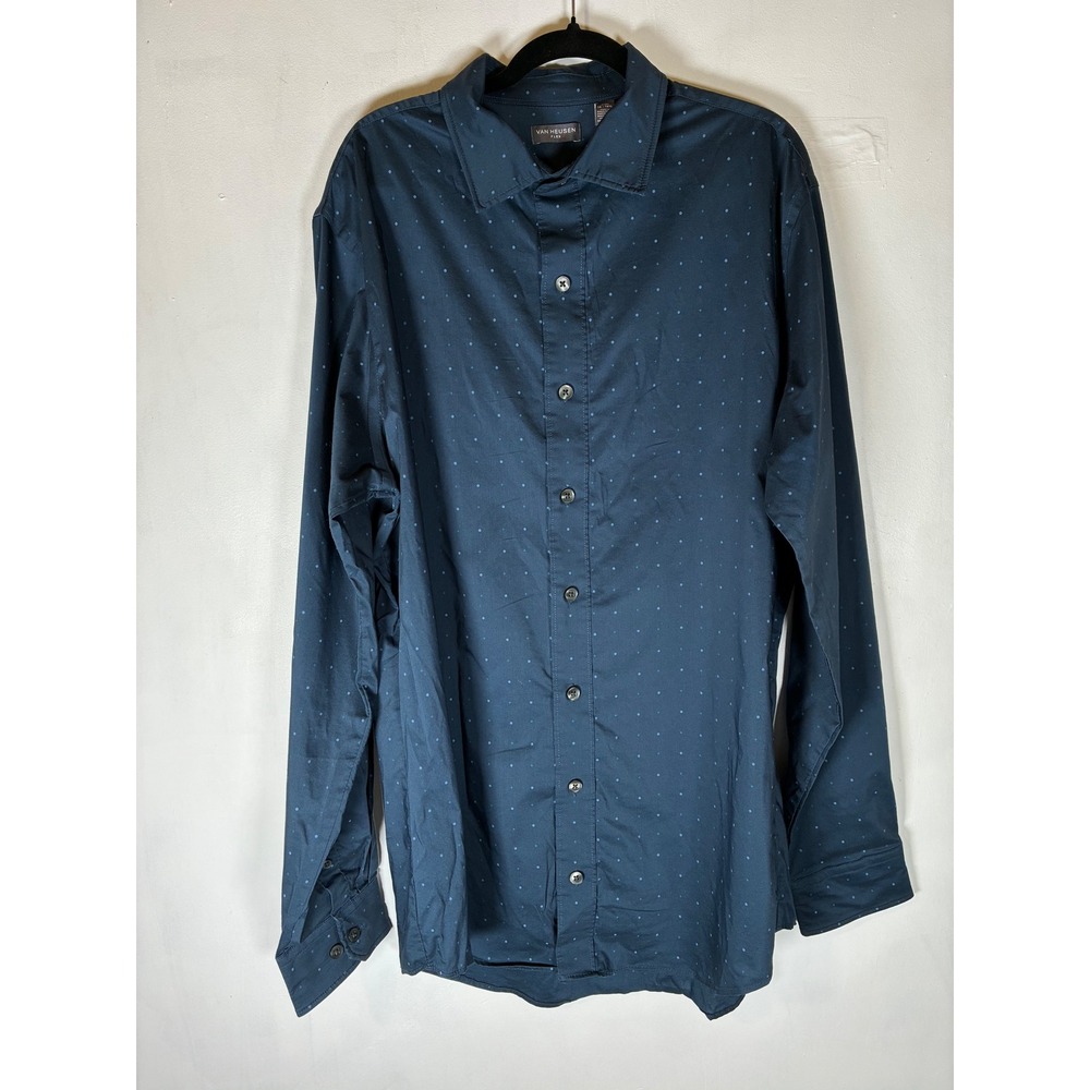 Van Heusen Flex‎ Large Tall Navy Blue Polka Dot Stretch Dress Shirt Button Up